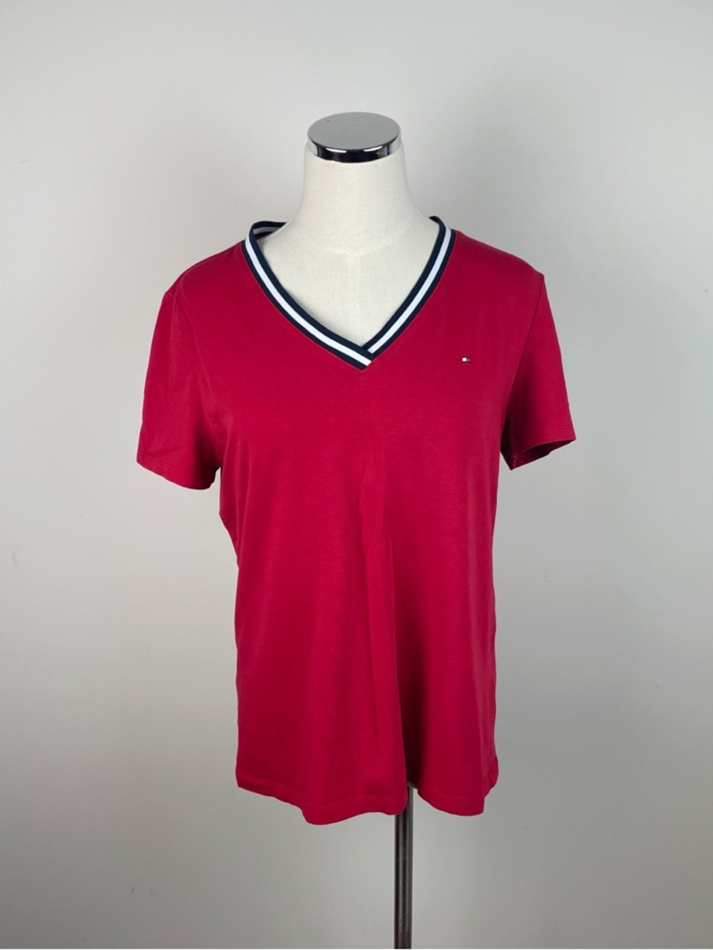 Tommy Hilfiger Red White Navy Blue Short Sleeve Preppy Shirt Top Women Large